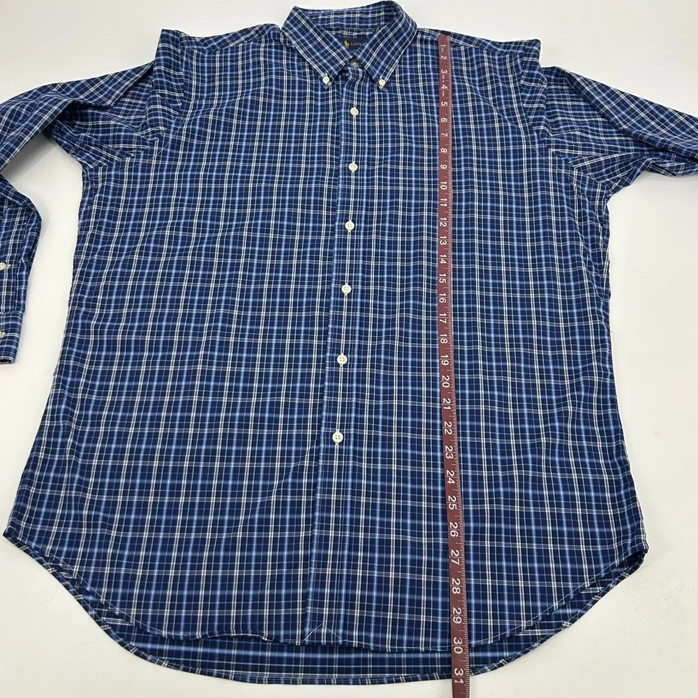 Ralph Lauren Button Down Shirt Mens Large Blue Plaid Classic Fit Stretch Nylon